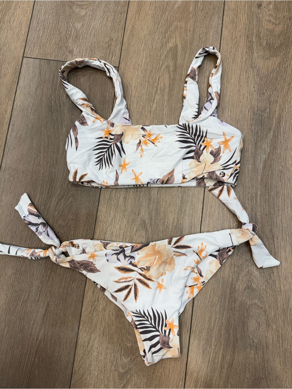Volcom Floral Tie-Side Bikini Set in White and Beige